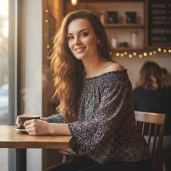 Rebecca Minkoff ✦ Smocked Off-Shoulder Top ✦ Sheer Overlay Floral Navy Tan Sz S - Picture 8 of 16